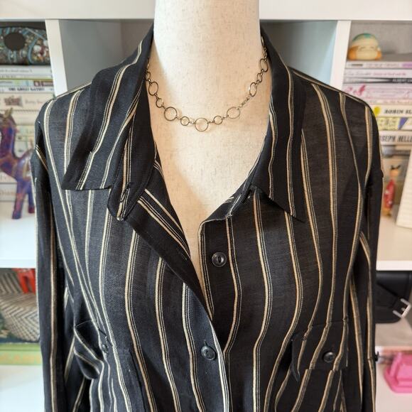Vintage Ralph Lauren Striped Linen Oversized Beach Button Down Black Wms XXXL - Picture 3 of 10
